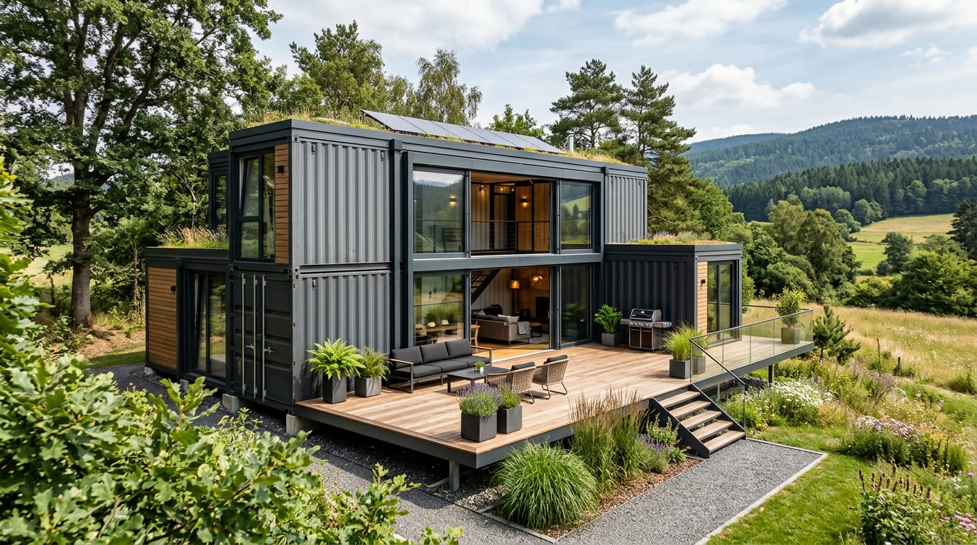 Modernes Containerhaus mit Terrasse in der Natur