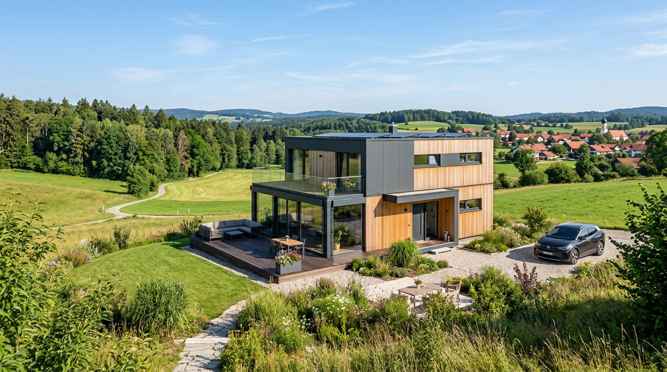 Modernes Modulhaus in grüner deutscher Landschaft