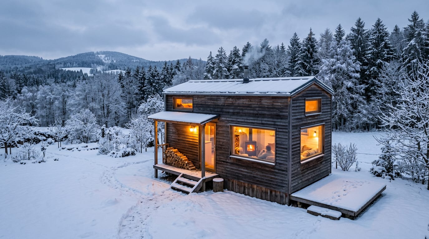 Gemütliches Tiny House im Winter mit warmem Licht und Schnee